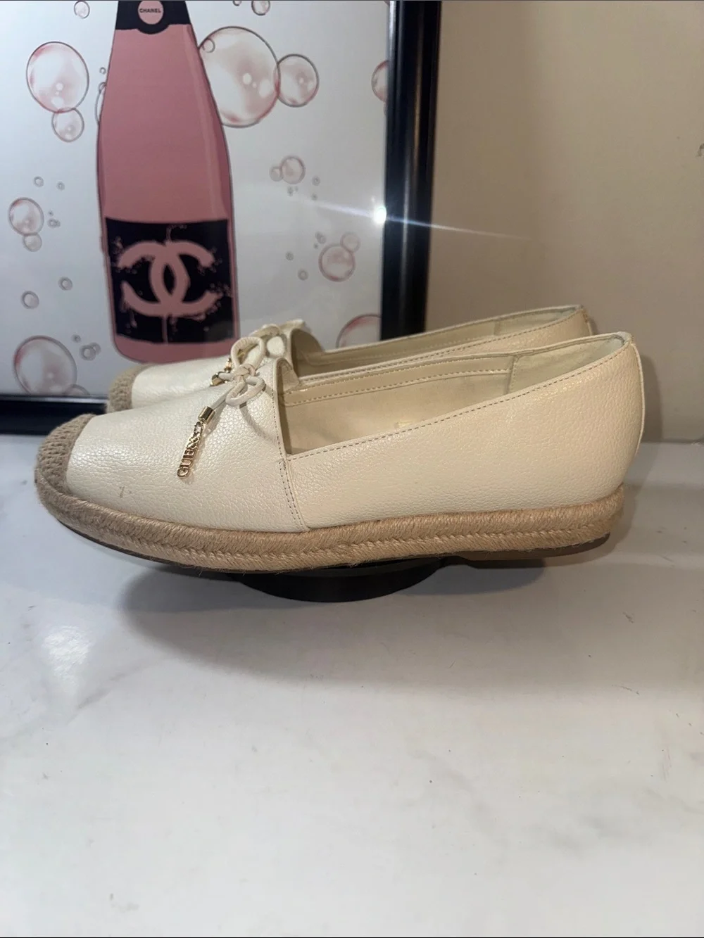Guess Cream Leather Espadrille Loafers with Gold Guess Charm - Women’s Size 9.5M